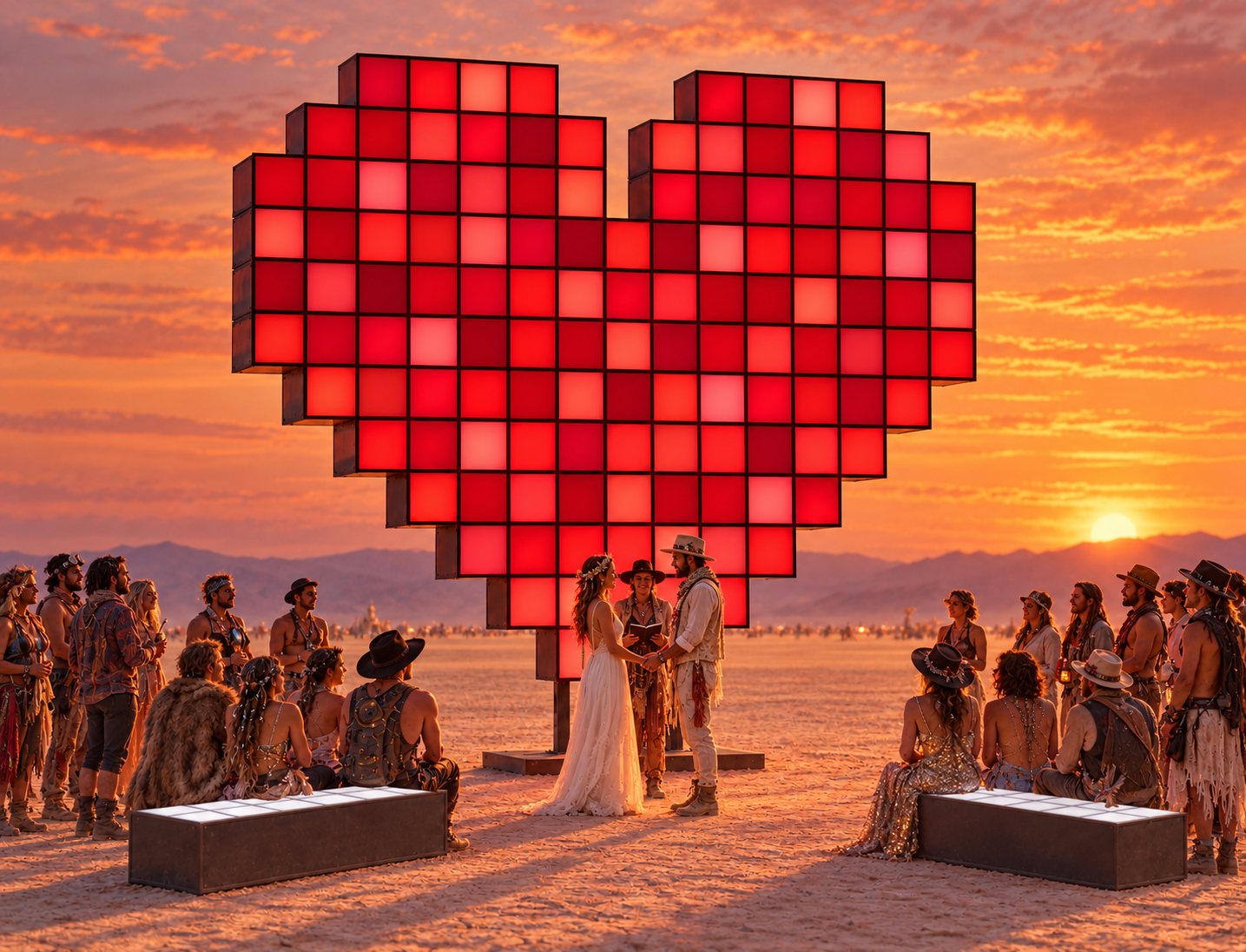 The heart glowing red at sunset, a wedding ceremony in front of it with friends on the benches.