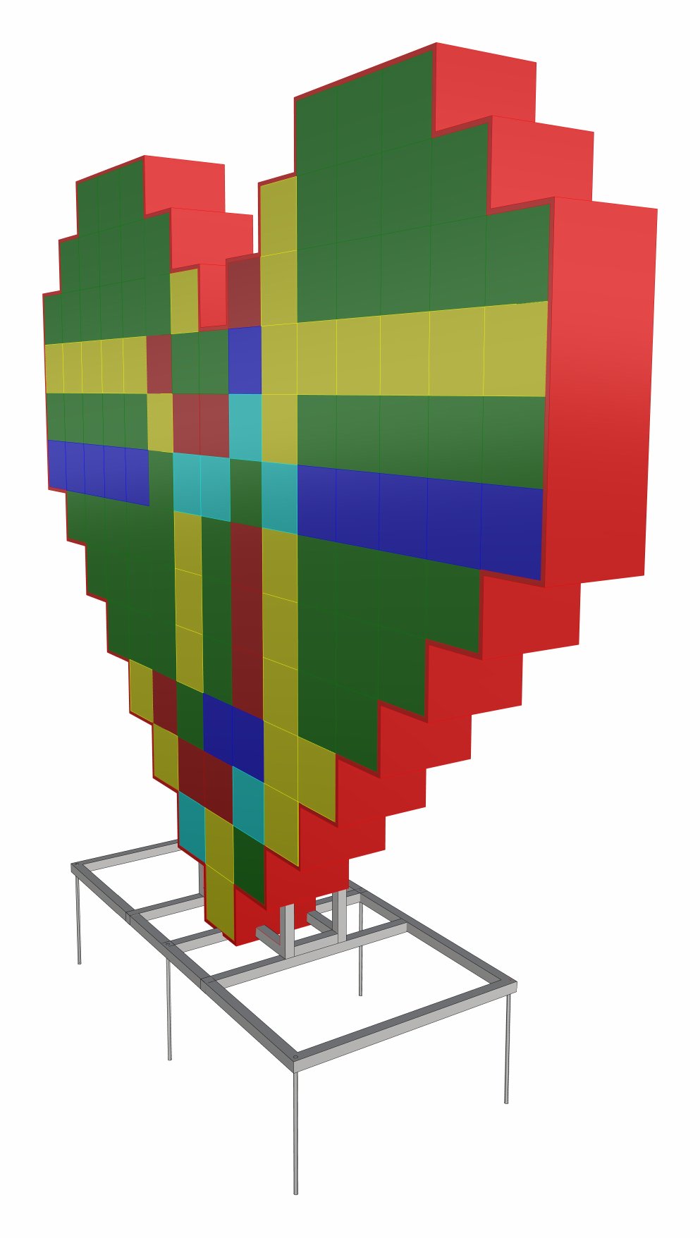 3D sketch, front three-quarter view with the pixel grid in color.